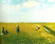 Michael Ancher, born og unge piger plukker blomster pa mark nord for skagen